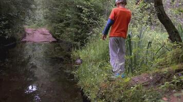 The child walks through the forest. CREATIVE. A boy in an orange T-shirt and brown pants runs in the forest. The guy walks through the forest next to the creek rear view video