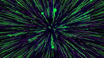 Beautiful stream of glowing colorful rays on black background. Motion. Dive into cosmic hyper-jump with bright energy lines. Glowing colorful cosmic stream rays video