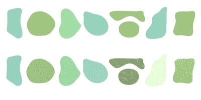 Set of organic irregular green blob shapes with decorative textures Random deform spot fluid circle Isolated on white background. Organic amoeba doodle drop Retro elements. illustration vector