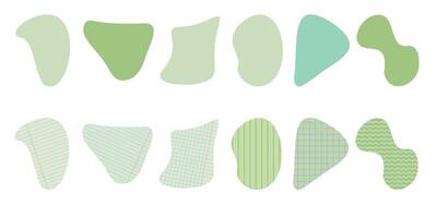 Set of organic irregular green blob shapes with cell, line textures Random deform spot fluid circle Isolated on white background. Organic amoeba doodle drop Retro elements. illustration vector