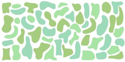 Set of organic irregular green blob shapes. Random deform spot fluid circle Isolated on white background. Organic amoeba Doodle drops Retro elements. Abstract rounded forms illustration vector