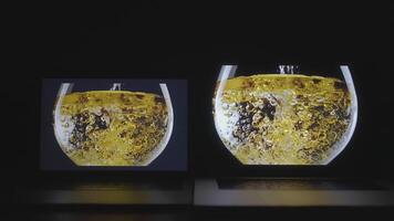 Two different laptops stand side by side. ACTION. Silvery laptops on a black background on the table. Bright desktop on laptops. On the screen there is a beautiful picture of an aquarium with water video