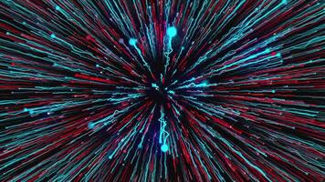 Beautiful stream of glowing colorful rays on black background. Motion. Dive into cosmic hyper-jump with bright energy lines. Glowing colorful cosmic stream rays video