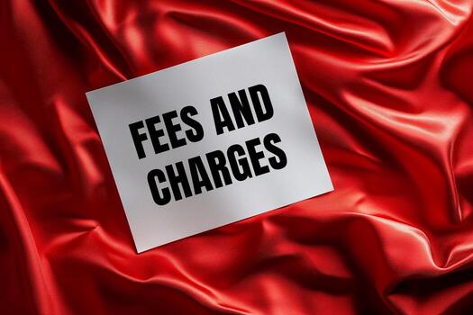Fees and charges message written on white paper on red fabric background. Conceptual fees and charges symbol. Copy space. photo