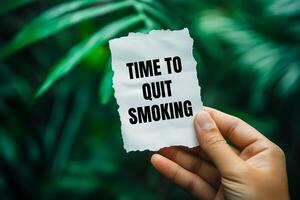 Time to quit smoking message written on white paper piece in hand. Conceptual time to quit smoking symbol. Copy space. photo