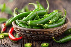 Fresh green chili peppers resting in rustic bowl on table photo