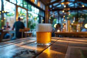 Glass of cold beer sitting on a table in a busy bar photo