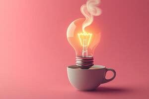 Creative Concept of a Light Bulb Emerging from a Coffee Cup on a Pink Background photo