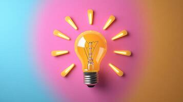 Bright Light Bulb on Colorful Background Symbolizing Creativity and Innovation with Radiating Light Beams photo