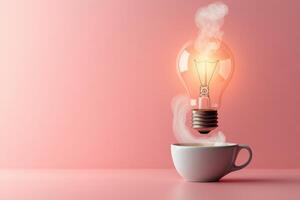 Creative Concept of a Light Bulb Emerging from a Steaming Coffee Cup on a Pink Background photo