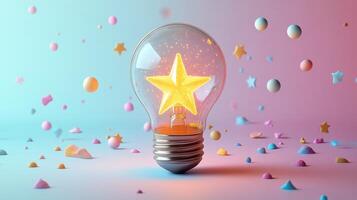 Creative Light Bulb with Glowing Star and Colorful Floating Shapes on Gradient Background photo