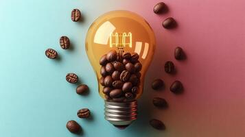 Creative Concept of Coffee Beans Inside a Light Bulb on a Colorful Gradient Background photo