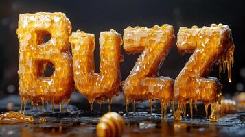 Honeycomb Text Art with Dripping Honey and Bees - Creative 3D Typography Design photo