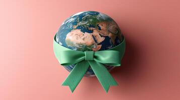 Earth Wrapped in Green Ribbon on Pink Background Symbolizing Environmental Awareness and Global Conservation photo