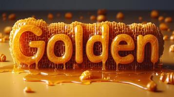 Golden Honeycomb with Dripping Honey Forming the Word 'Golden' in a Creative and Artistic Display photo