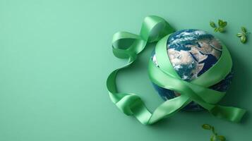 Earth Wrapped in Green Ribbon on Green Background Symbolizing Environmental Protection and Sustainability photo