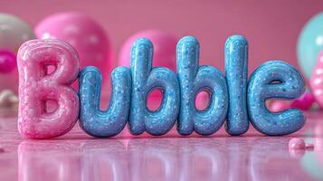 Colorful Bubble Text with Pink and Blue Letters on a Reflective Surface with Balloons in the Background photo