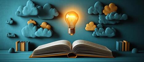 Creative Concept of Knowledge and Ideas with Open Book and Glowing Light Bulb Surrounded by Clouds photo