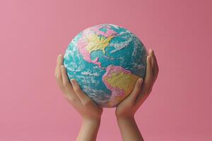 Hands Holding a Globe Against a Pink Background Representing Global Unity and Environmental Awareness photo