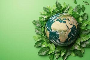 Earth Surrounded by Green Leaves on a Green Background Symbolizing Environmental Conservation and Sustainability photo
