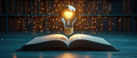 Glowing Light Bulb Hovering Over Open Book in Library with Sparkling Particles - Concept of Knowledge and Creativity photo