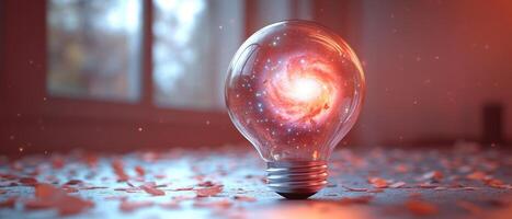 Creative Concept of a Light Bulb with a Galaxy Inside, Symbolizing Innovation and Imagination photo