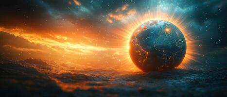 Stunning Digital Artwork of Earth with Glowing Lights and Dramatic Sky in a Futuristic Landscape photo