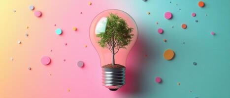 Creative Concept of a Tree Growing Inside a Light Bulb on a Colorful Background with Abstract Dots photo