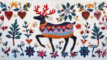 Vibrant Embroidered Deer with Floral and Heart Patterns on White Fabric Background photo