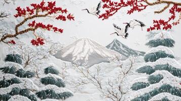 Intricate Embroidered Landscape with Cranes, Snow-Capped Mountains, and Pine Trees in Winter Scene photo