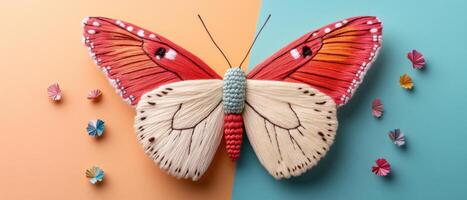 Colorful Embroidered Butterfly on Dual-Tone Background with Paper Flowers - Creative Art and Craft Concept photo