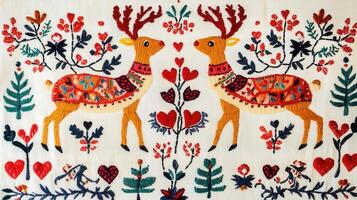 Colorful Folk Art Embroidery with Deer and Floral Patterns on White Background photo