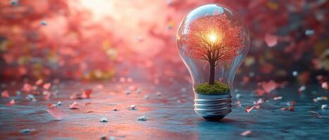 Light Bulb with Tree Inside Glowing in a Dreamy Autumn Landscape with Falling Leaves photo