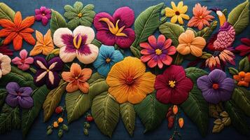 Colorful Embroidered Floral Pattern on Blue Fabric Background with Various Flowers and Leaves photo