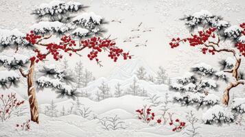 Traditional Japanese Winter Landscape with Snow-Covered Trees and Red Berries photo