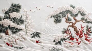 Intricate Embroidery of Winter Landscape with Cranes and Pine Trees in Snowy Scene photo
