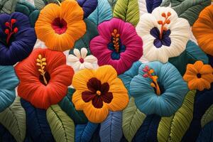 Vibrant Embroidered Floral Pattern with Colorful Hibiscus Flowers and Leaves in Detailed Textile Art photo