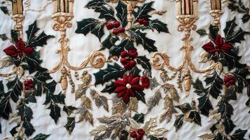 Intricate Embroidered Fabric with Festive Holly and Poinsettia Design in Red, Green, and Gold photo