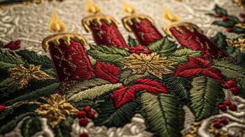 Intricate Embroidered Christmas Tapestry with Candles and Poinsettias in Festive Colors photo
