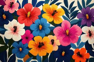 Vibrant Floral Pattern with Colorful Hibiscus Flowers and Leaves on a White Background photo