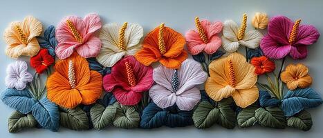 Colorful Embroidered Hibiscus Flowers on Fabric - Vibrant Textile Art with Detailed Floral Patterns and Leaf Designs photo