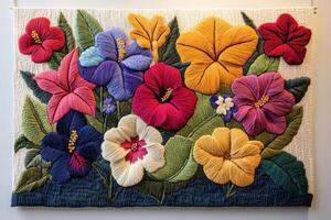 Vibrant Embroidered Floral Tapestry with Colorful Hibiscus Flowers and Green Leaves on White Background photo