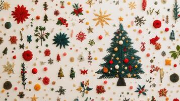 Festive Christmas Decorations Flat Lay with Ornaments, Trees, and Snowflakes on White Background photo
