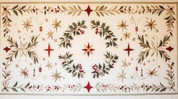 Intricate Handcrafted Quilt with Festive Star and Holly Design on Cream Background photo