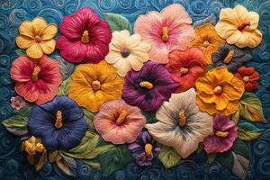 Vibrant Floral Art Composition with Colorful Hibiscus Flowers on Textured Blue Background photo