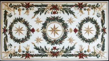 Intricate Festive Rug with Holiday-Themed Design Featuring Stars and Wreaths on a White Background photo