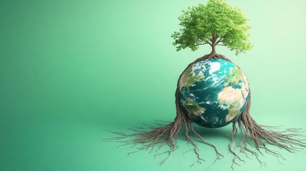 Earth with Tree and Roots on Green Background Symbolizing Environmental Conservation and Global Sustainability photo