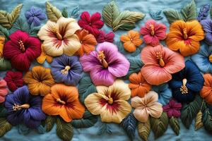 Vibrant Embroidered Floral Pattern with Colorful Hibiscus Flowers on Blue Fabric Background photo
