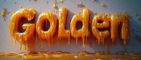 Golden Text in Dripping Honey Style Against a Light Background photo