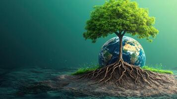 Earth with Tree and Roots Emerging from Soil, Symbolizing Environmental Conservation and Sustainability photo